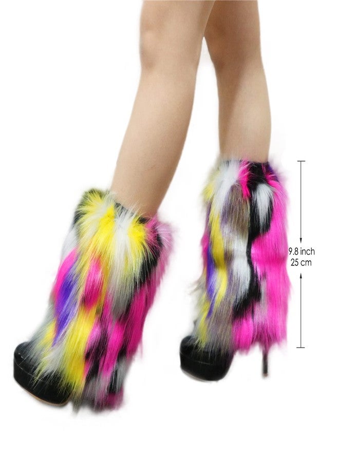 Popuid Tie Dye Women Furry Leg Warmers Faux Fur Boot Covers Fluffies Cuffs, 9.8" Tall (Purple-Yellow) - Image 2
